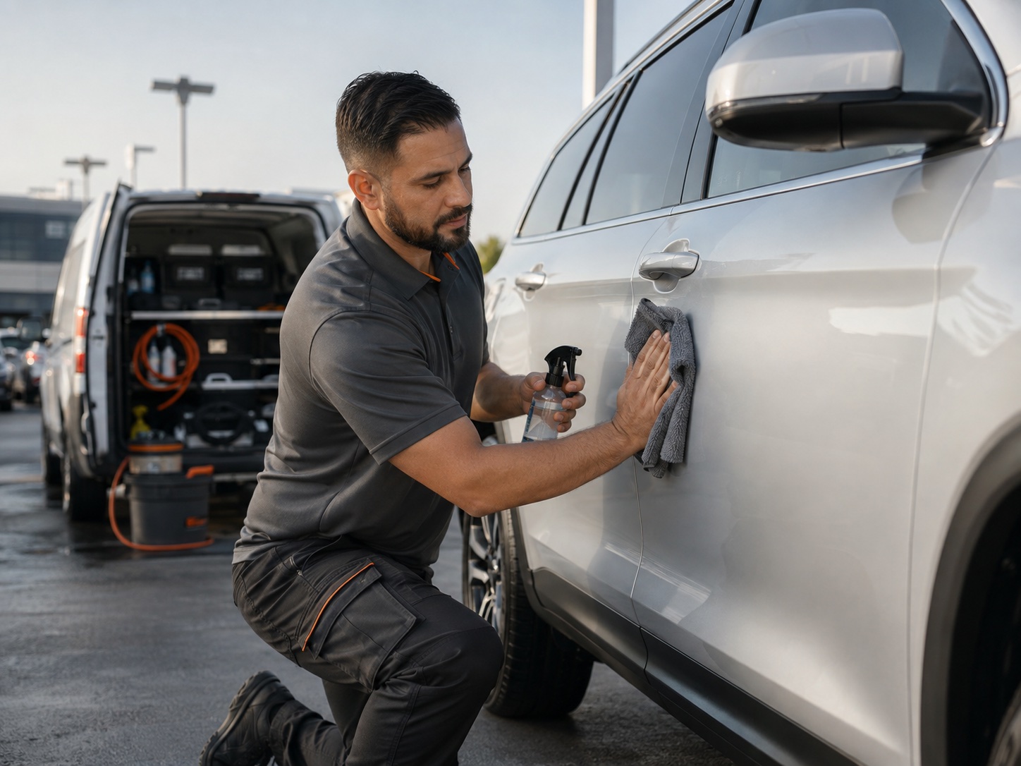 WYR LOOP mobile detailer cleaning an SUV with a microfiber towel